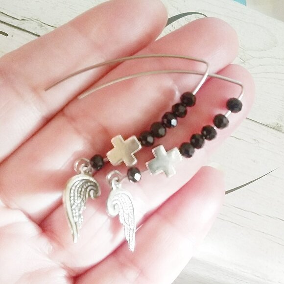 Angel Wings & Cross Dangle Earrings! Goth! Grief Loss Pain! Lightweight!!! - Picture 5 of 6